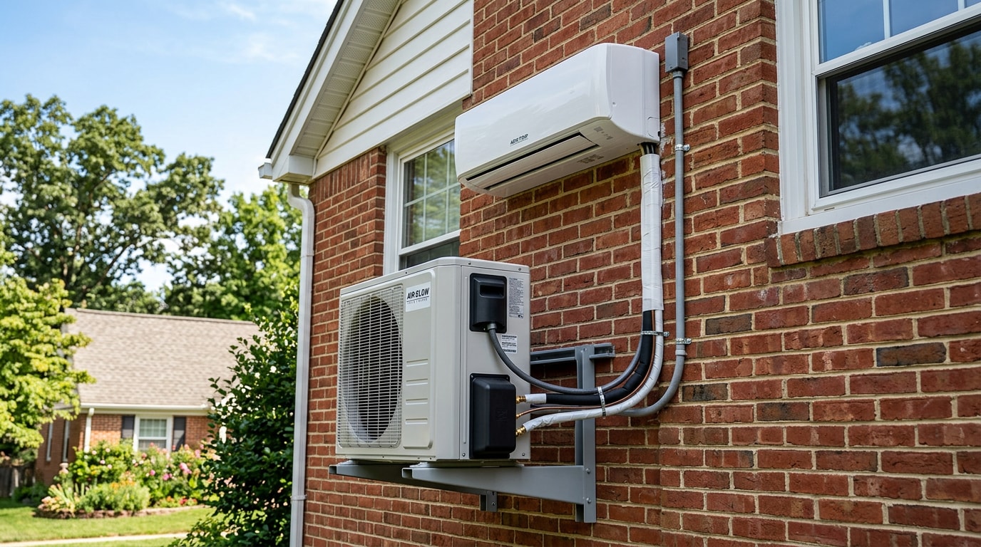 Split air conditioning system with outdoor condenser and wall-mounted indoor unit installed on a Rosedale, MD home Split air conditioning system with outdoor condenser and wall-mounted indoor unit installed on a Rosedale, MD home