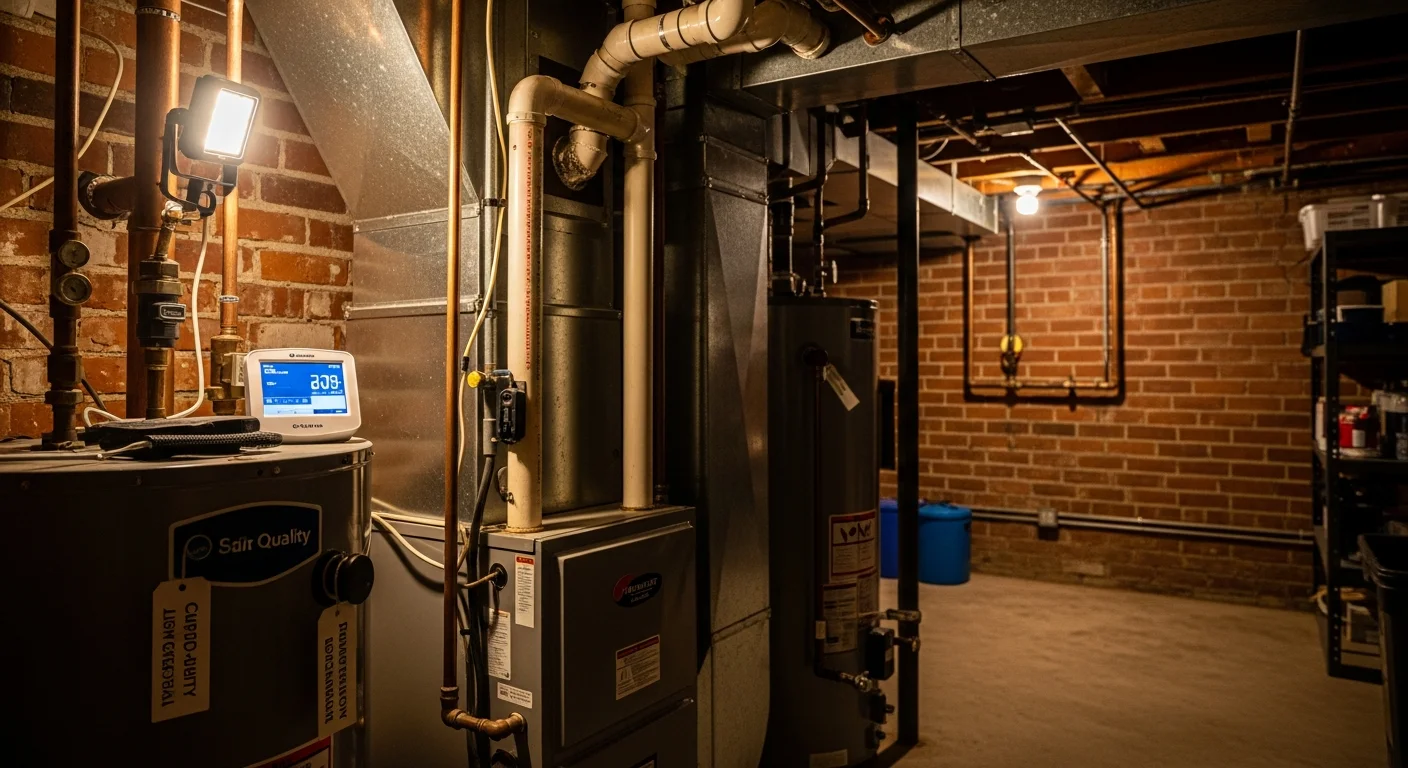 Home inspector evaluating HVAC and plumbing systems in a Baltimore residence