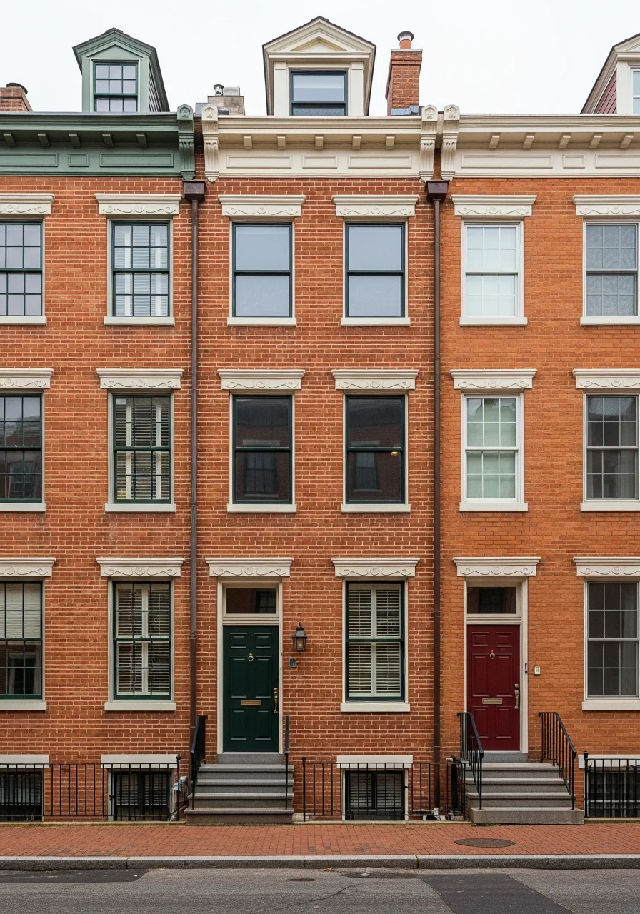 Close-up of a restored Baltimore rowhouse facade with traditional brick and period windows in afternoon light.