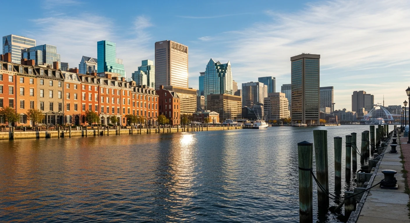 Wide view of Baltimore's Inner Harbor with historic rowhouses and modern waterfront buildings under clear sky.