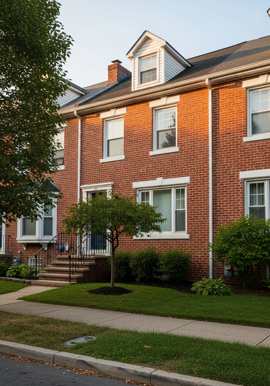 Close-up of a well-maintained Dundalk home exterior with brick siding and traditional landscaping.