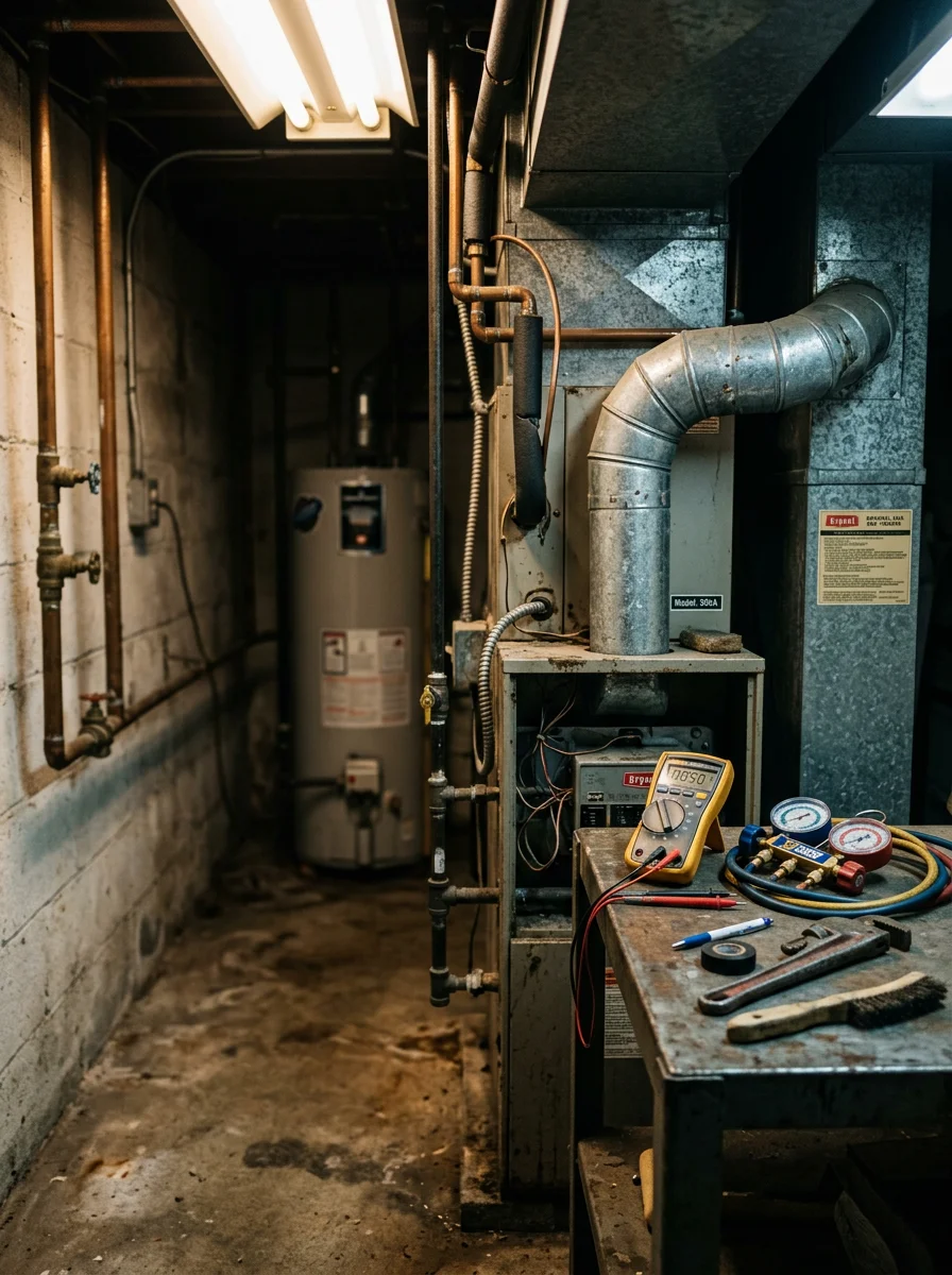 HVAC technician servicing a furnace in a compact mechanical room typical of Parkville's older homes