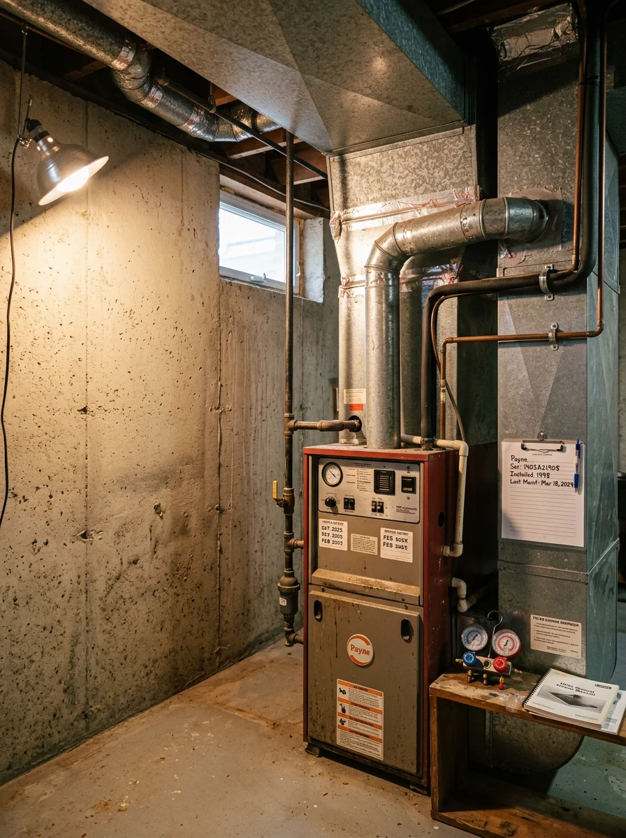 HVAC technician servicing furnace in Perry Hall home basement with older ductwork visible