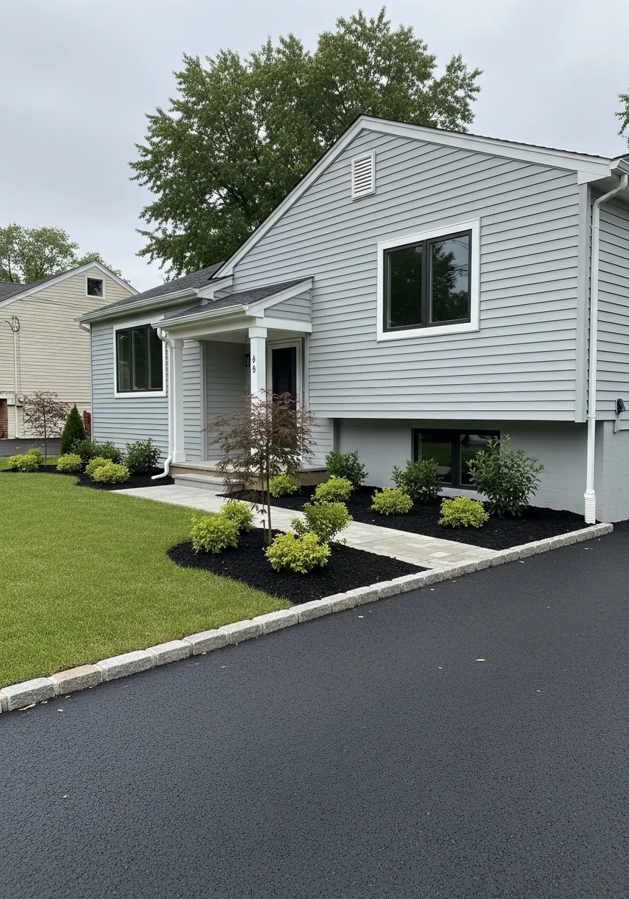 Modern Pikesville home exterior with updated siding and contemporary landscaping design.