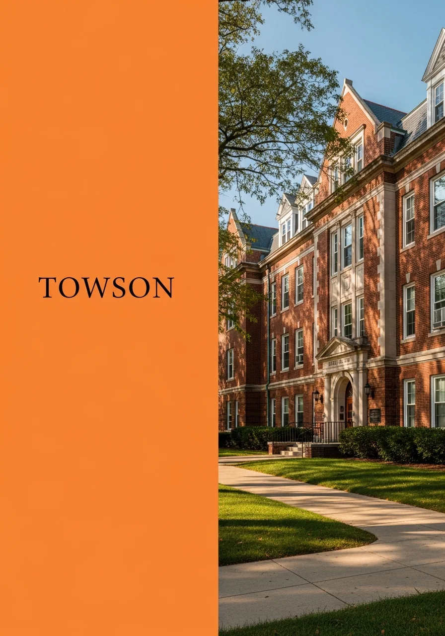 Towson University campus building with brick architecture and landscaped grounds in natural daylight.