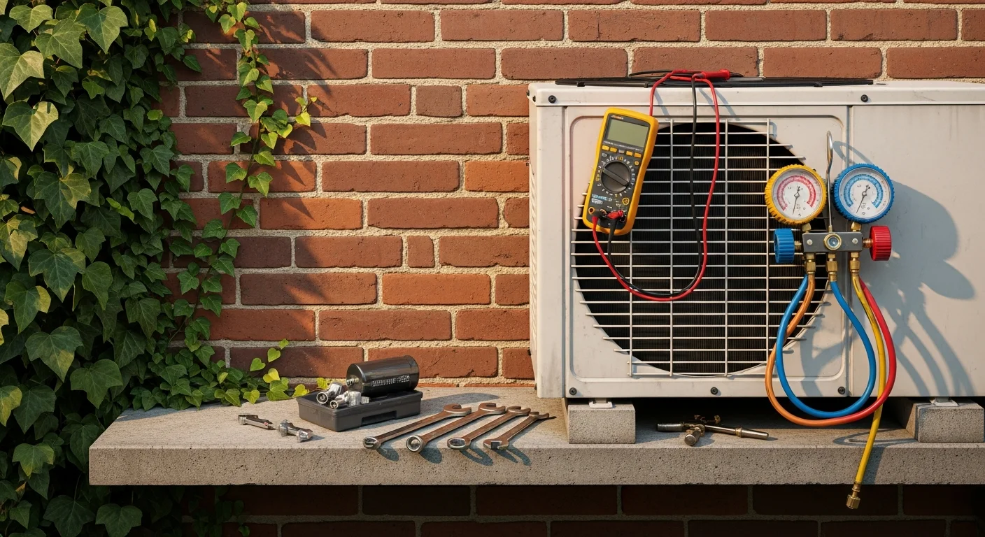 A licensed HVAC technician from Best Mechanical Inc inspecting an outdoor air conditioning unit at a Baltimore row house. The technician checks refrigerant lines and electrical connections on a residential property during summer service.