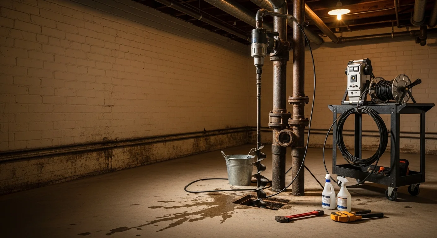 A plumber from Best Mechanical Inc using a mechanical drain snake to clear a blocked main sewer line in a Baltimore row home basement. The exposed cast iron drain pipe and brick foundation wall are visible in the background.
