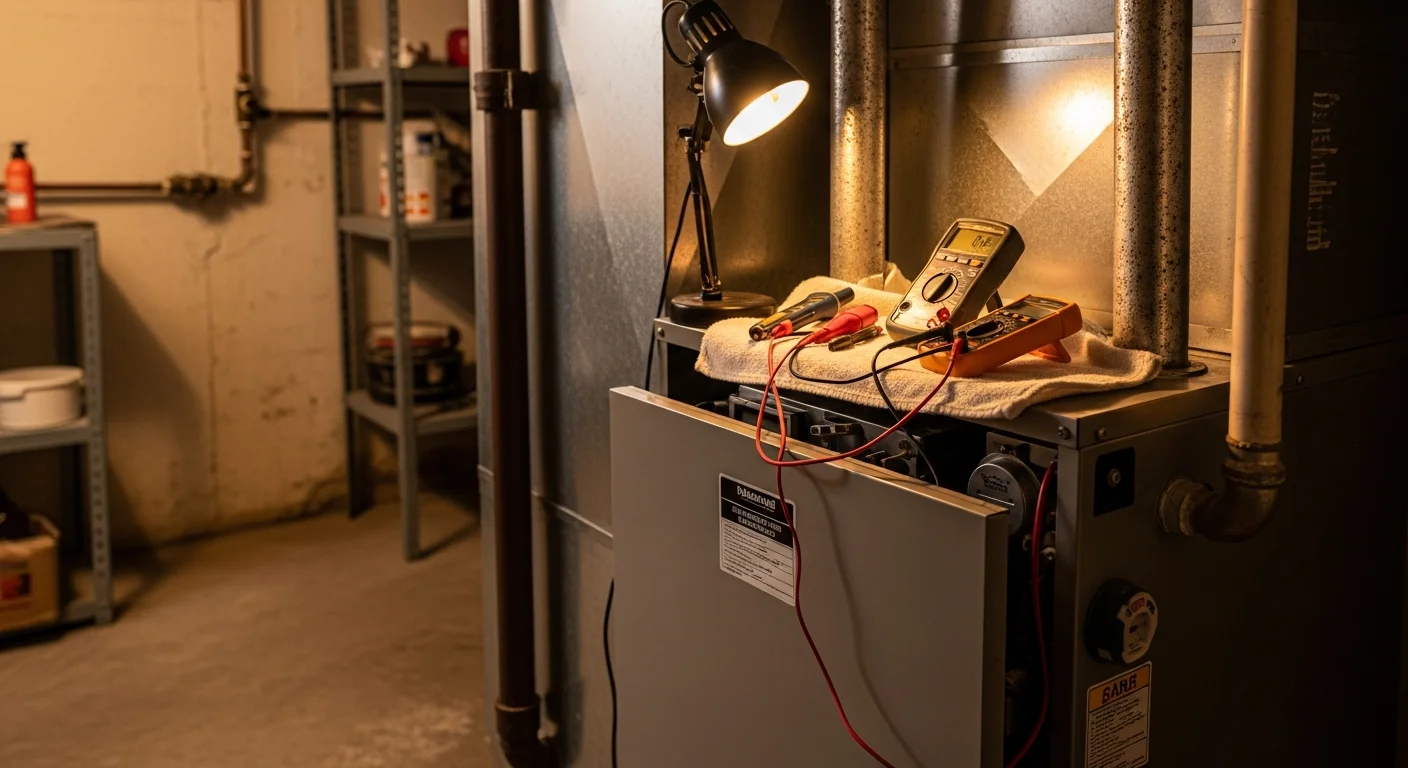 A licensed HVAC technician inspecting the interior components of a gas furnace inside a Baltimore row home. The technician is examining the ignition system and blower assembly during a furnace repair service call.