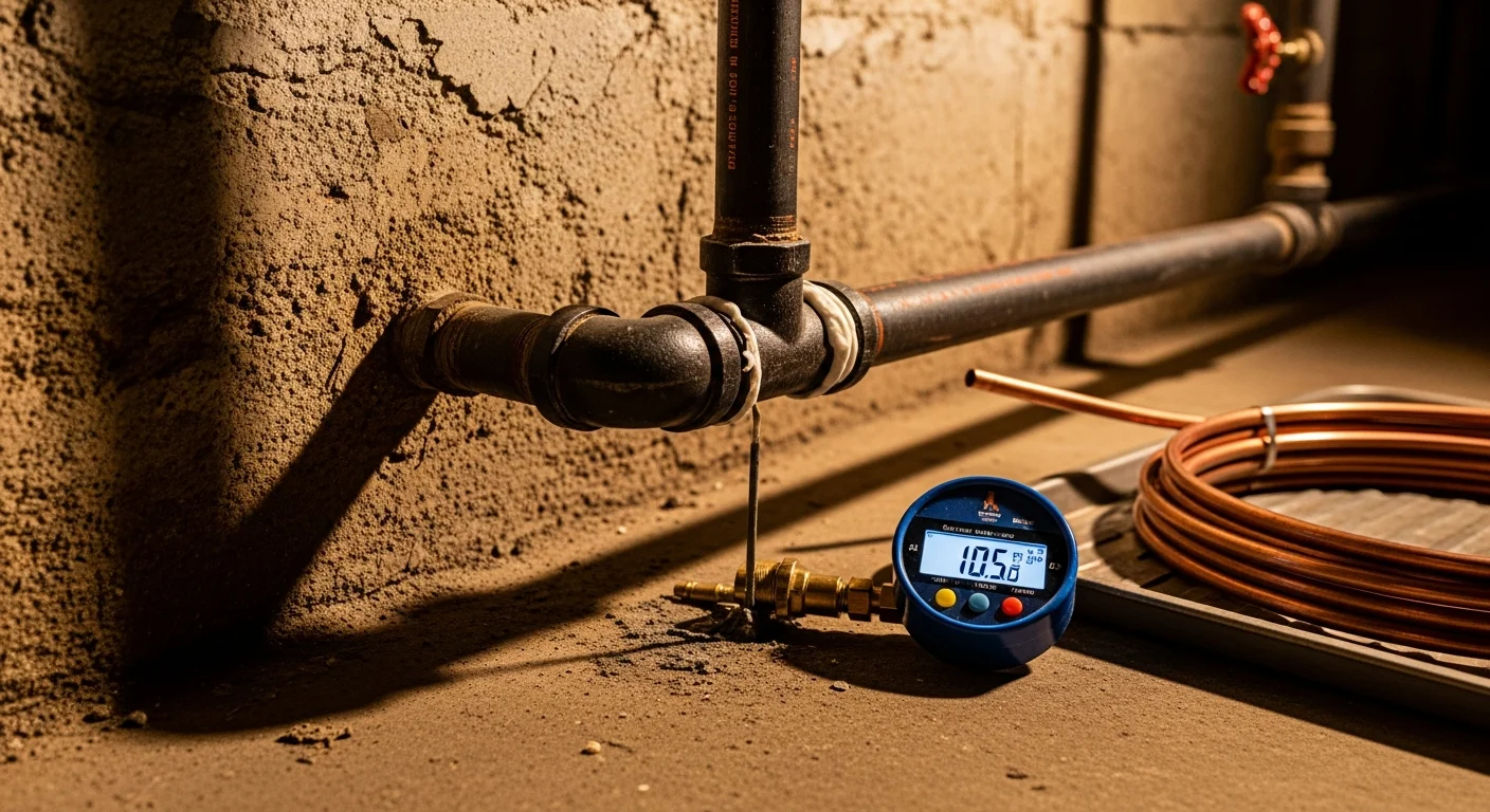 A licensed plumber from Best Mechanical Inc performing a gas line pressure test on an exposed pipe in a Baltimore property. The technician uses a pressure gauge to check for leaks before completing the repair.