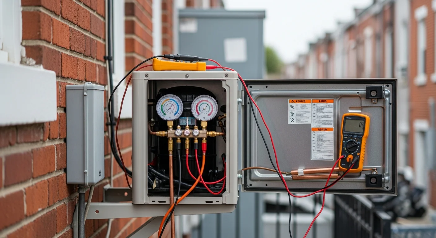 A Best Mechanical Inc HVAC technician inspecting the outdoor unit of a heat pump at a Baltimore rowhome. The technician checks refrigerant lines and electrical connections on the exterior unit mounted beside the brick facade.