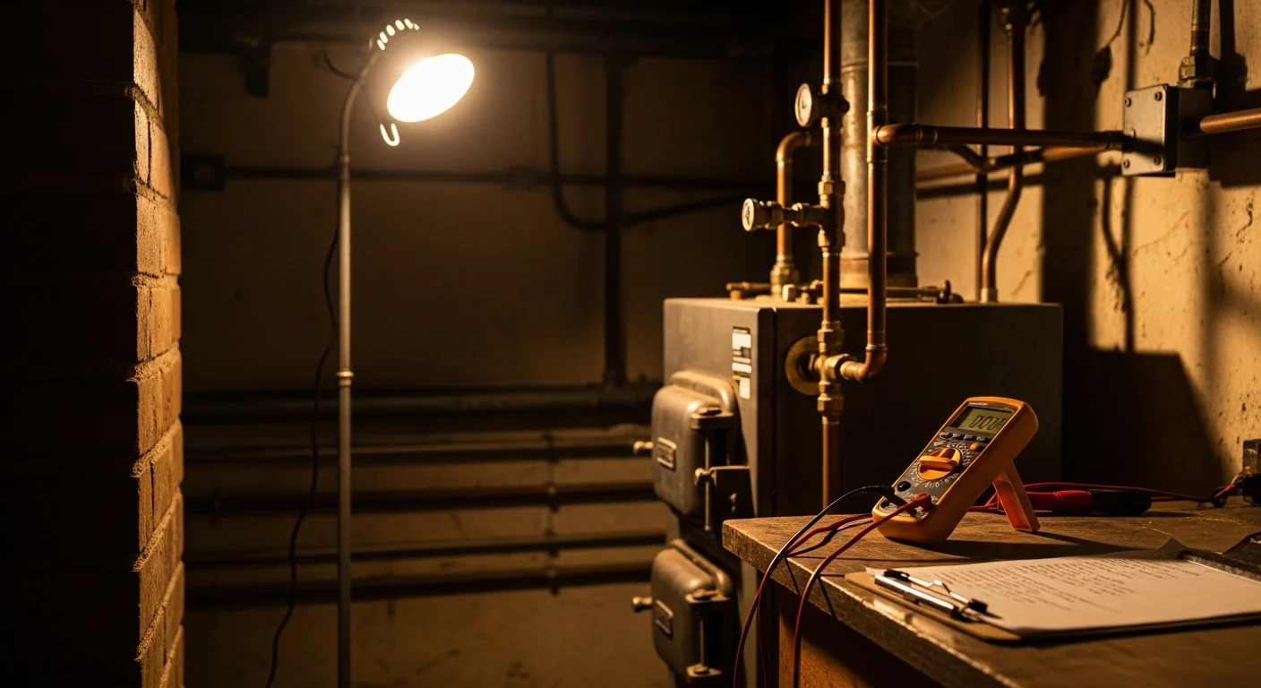 A Best Mechanical Inc technician inspecting a mechanical room in a Baltimore rowhome, reviewing HVAC and plumbing connections during a home system evaluation. The image shows visible pipe work, a heating unit, and an open access panel in a residential basement setting.