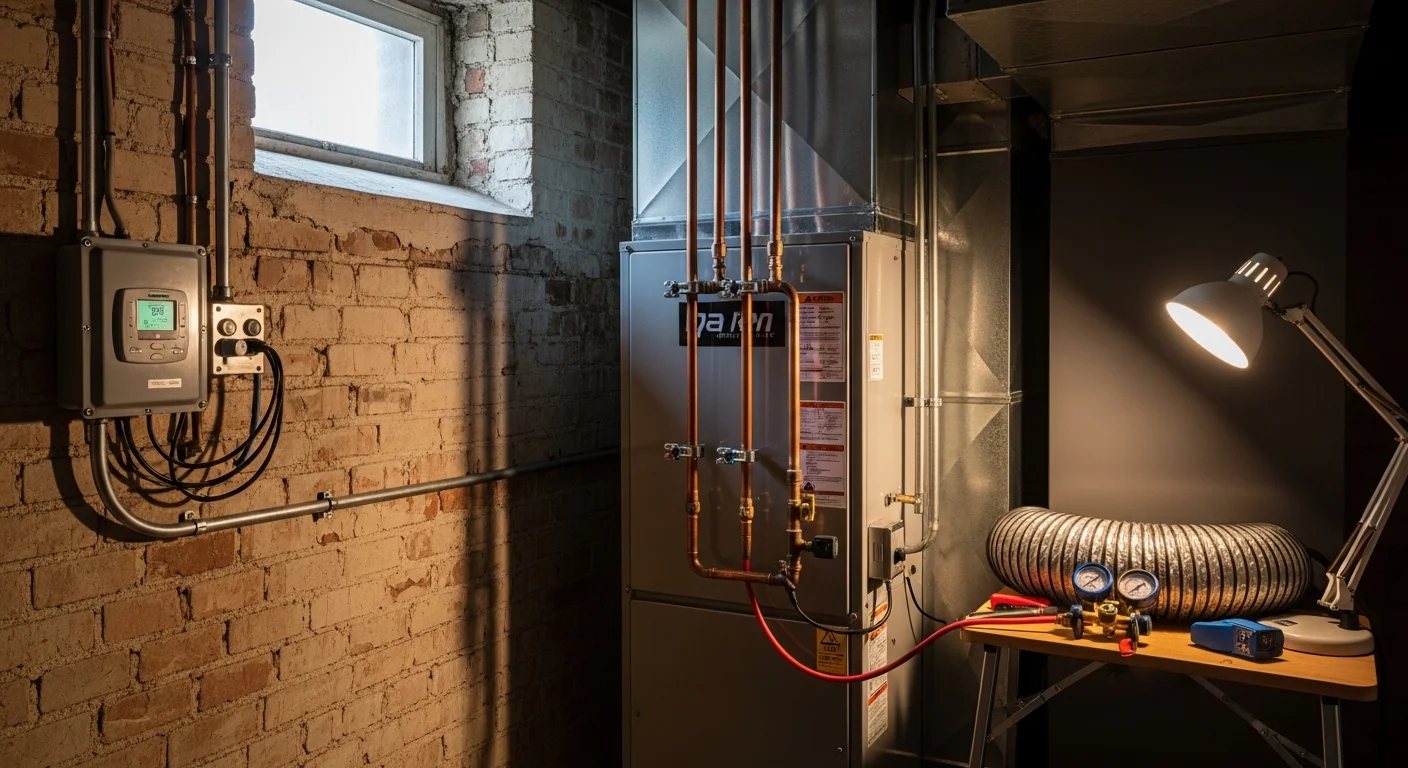 A licensed HVAC technician from Best Mechanical Inc completing an outdoor condenser unit installation at a Baltimore rowhouse. New refrigerant lines run along the exterior brick wall toward the mechanical room.