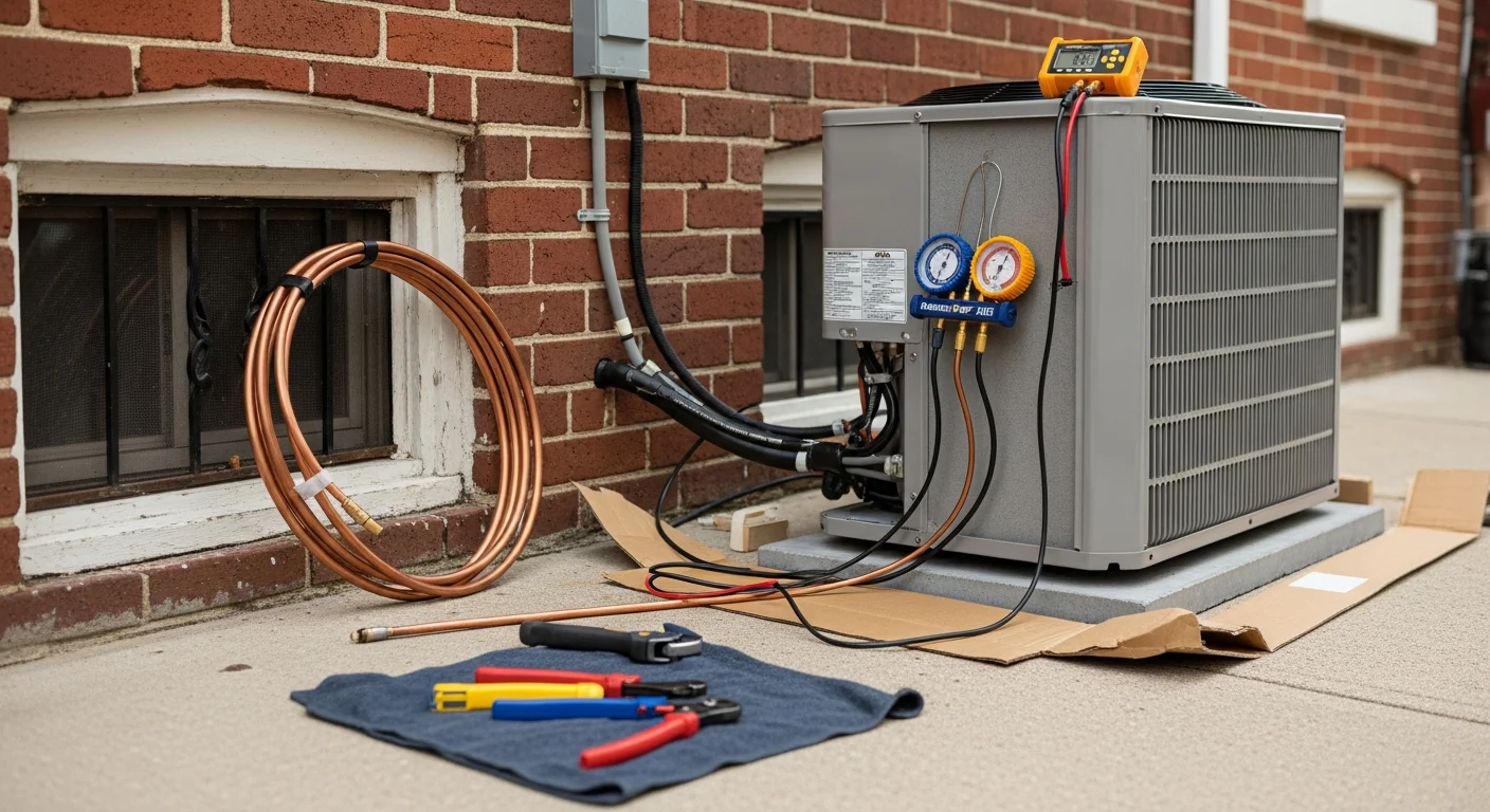 A newly installed HVAC system on the exterior of a Baltimore row home, with a clean condenser unit positioned against a brick facade. A Best Mechanical Inc technician checks connections during the post-installation startup inspection.