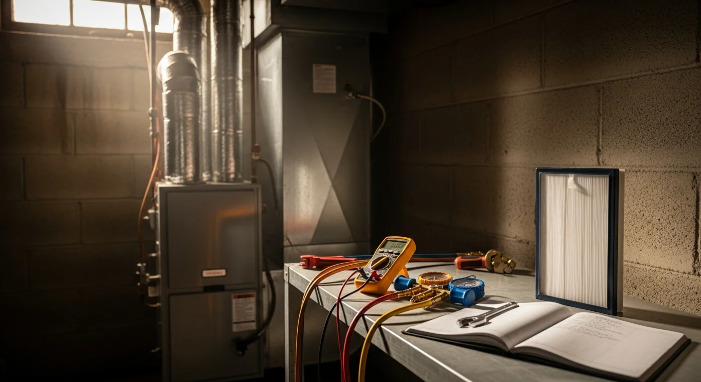 A Best Mechanical Inc technician inspecting an HVAC air handler unit inside a Baltimore row house during a routine maintenance visit. The technician checks ductwork connections and coil condition in a compact mechanical room typical of Baltimore's attached housing stock.