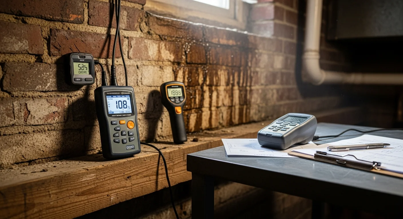 A home inspector using a handheld air quality meter to test humidity and particulate levels inside a Baltimore rowhouse. The inspector examines a basement utility area with visible ductwork and a block foundation wall.