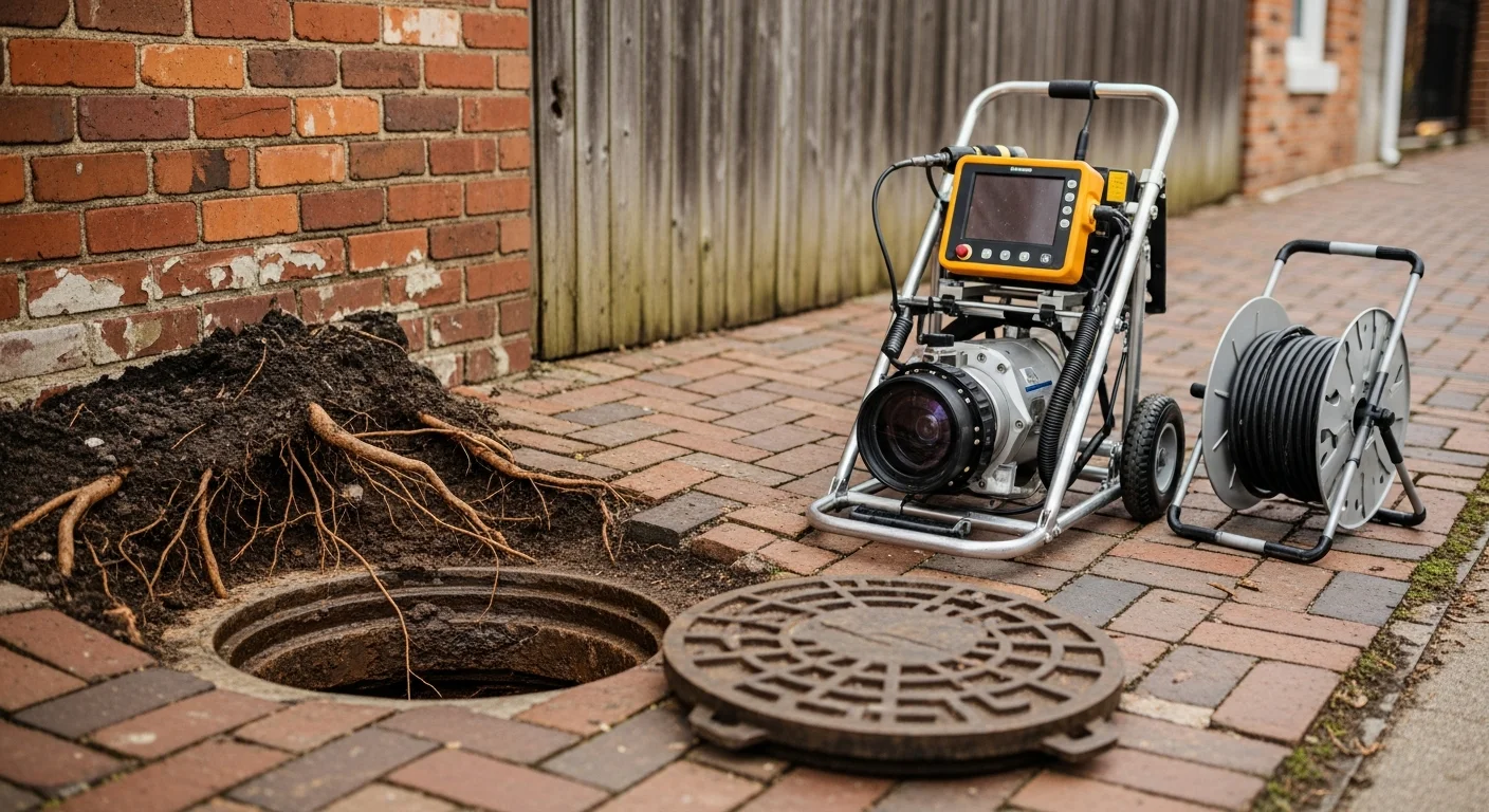 A plumber from Best Mechanical Inc inspecting an excavated sewer lateral at a Baltimore row home, with cracked clay pipe sections visible in the trench. The repair site shows a narrow rear yard typical of older Baltimore residential properties.
