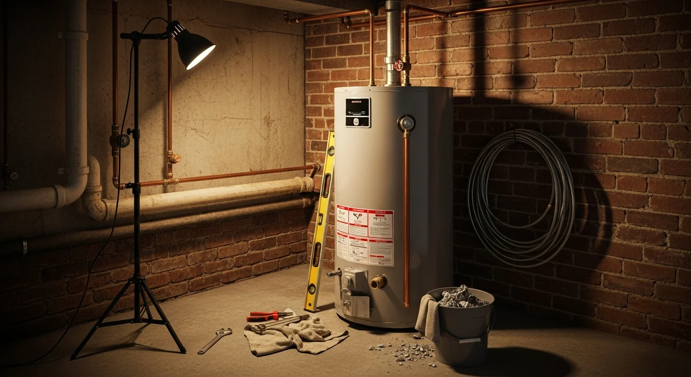 A licensed plumber from Best Mechanical Inc installing a new water heater in a Baltimore rowhome basement utility space. The old tank has been removed and the new unit is connected to the gas line and water supply.