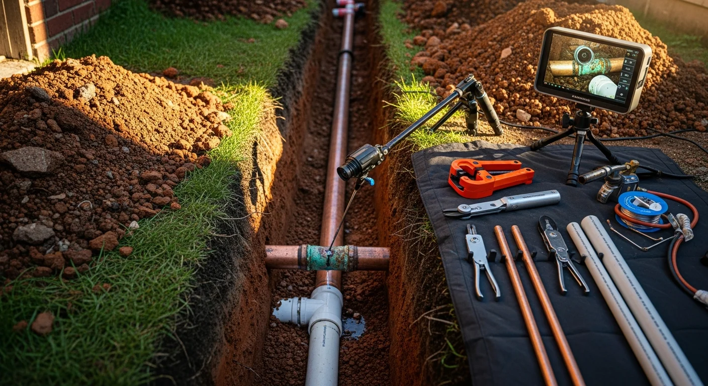 A licensed plumber from Best Mechanical Inc inspecting an exposed underground water line at a Baltimore residential property. The trench shows the repaired pipe section alongside the home's foundation.